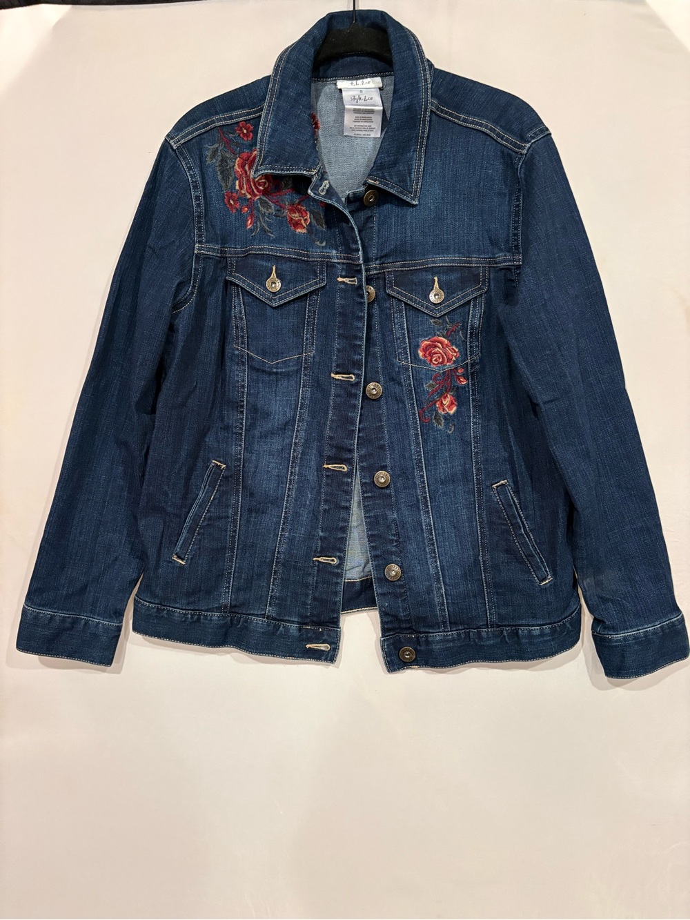 Style & Co. Dark Blue Denim Jacket with Red Rose Embroidery